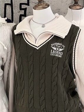Olive Cable-Knit V-Neck Sweater Vest